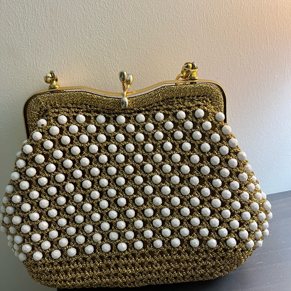 Vintage Gold and White Beaded Clutch